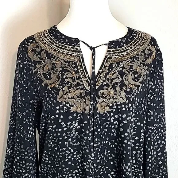 Chico's Black Blouse, White Dots, Gray Embroidered Neckline, Gold Beads,Sz 0,Sml - Picture 6 of 14